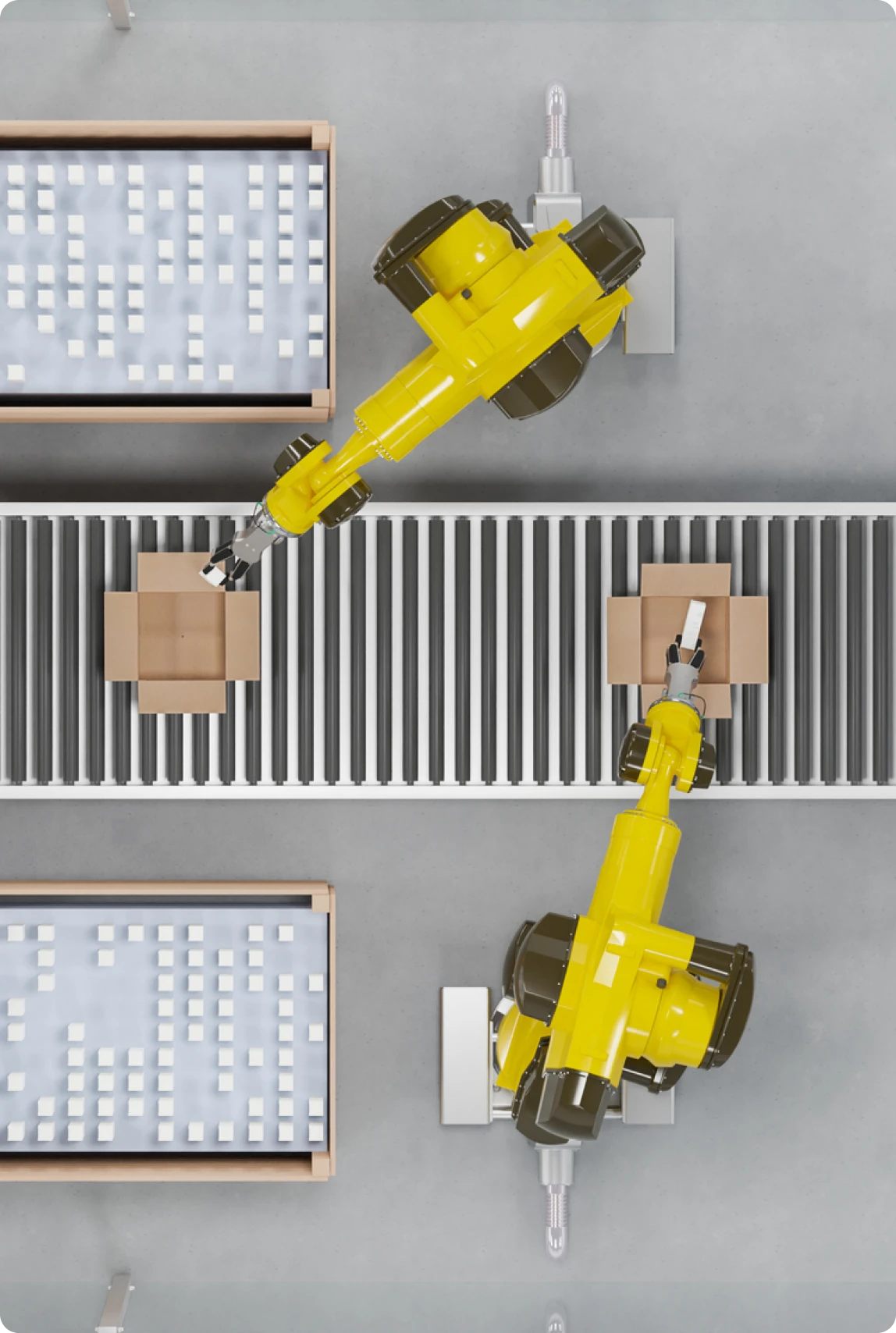 Robotic arms sorting packages on conveyor