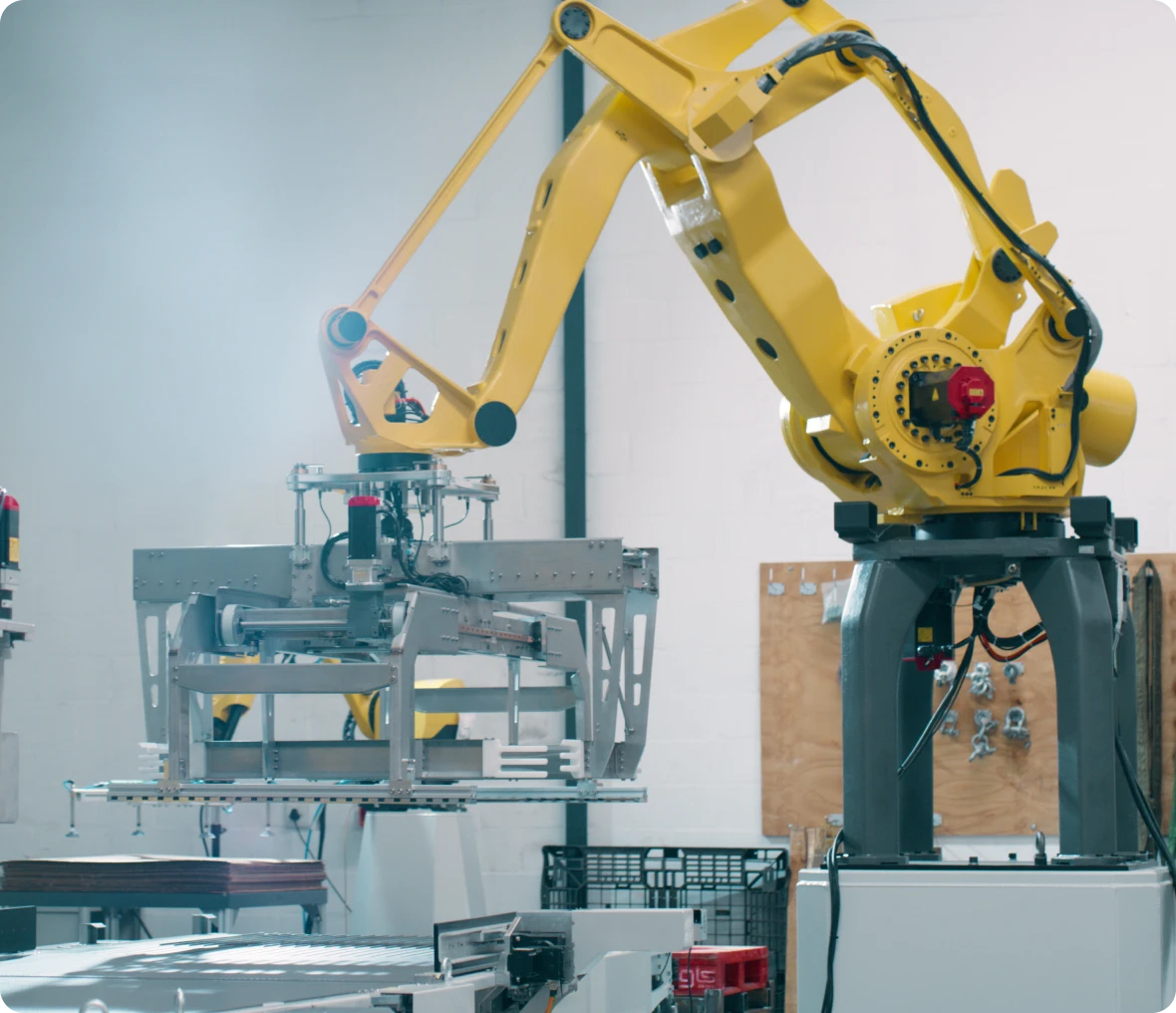 Industrial robotic arm in a factory setting