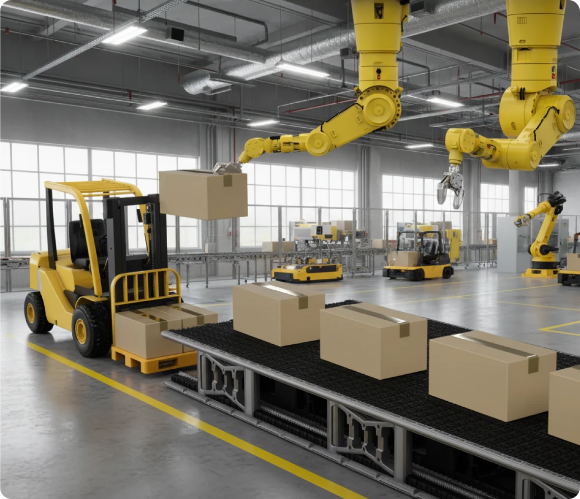 Robots and forklifts in automated warehouse