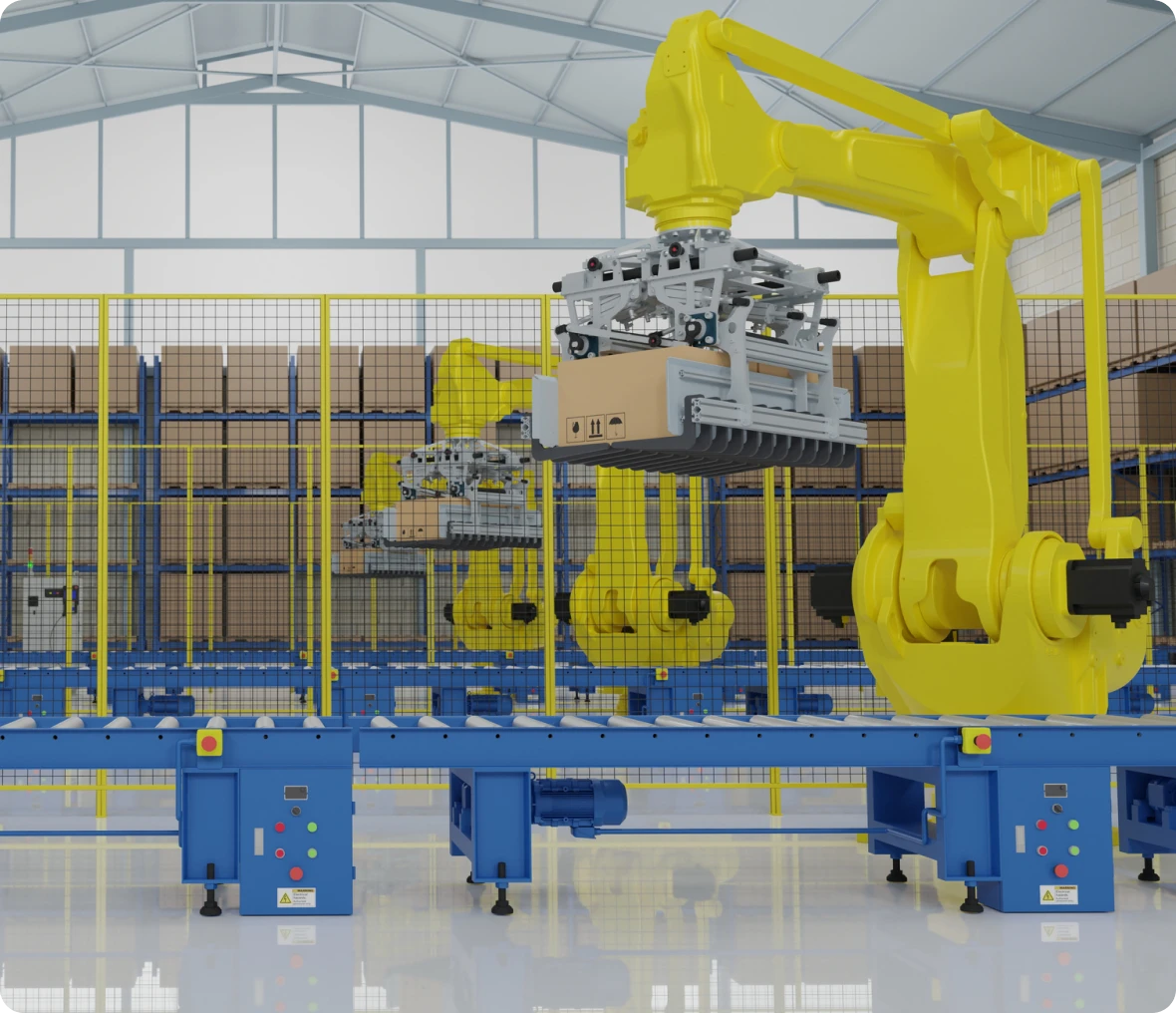 Robotic arm in modern warehouse